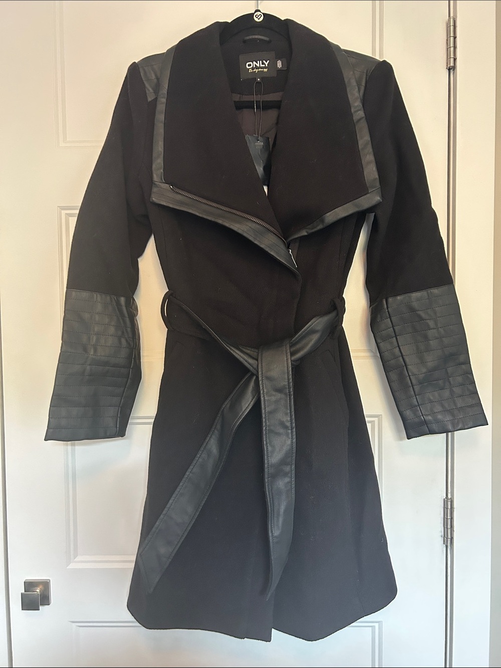 ONLY Black Belted Trench Coat with Faux-Leather Trim
